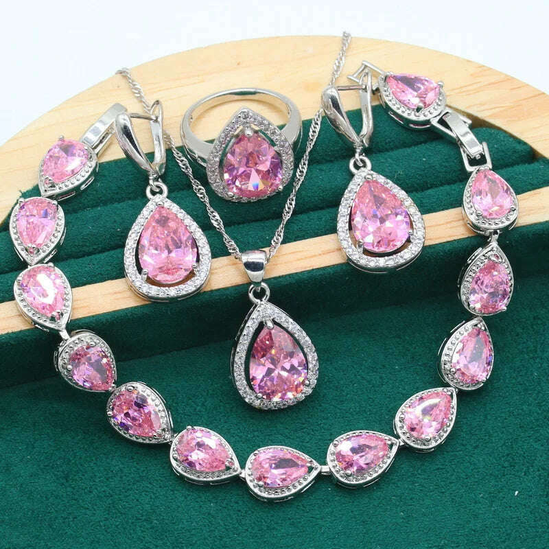 KIMLUD, Water Drop Rainbow Topaz 925 Silver Wedding Jewelry set for Women Party Bracelet Earrings Necklace pendant Ring, Pink 4pcs / 10, KIMLUD APPAREL - Womens Clothes