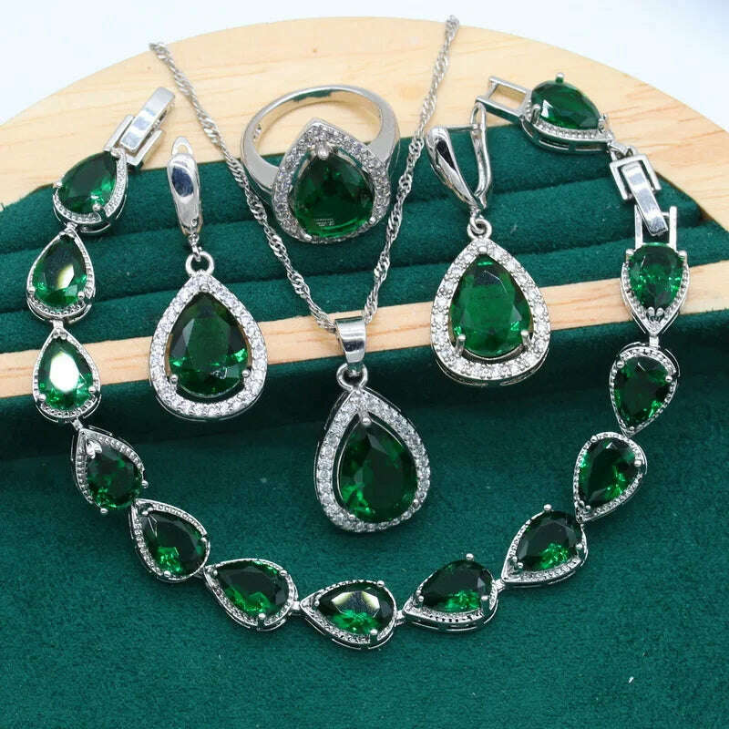 KIMLUD, Water Drop Rainbow Topaz 925 Silver Wedding Jewelry set for Women Party Bracelet Earrings Necklace pendant Ring, Green 4pcs / 7, KIMLUD APPAREL - Womens Clothes