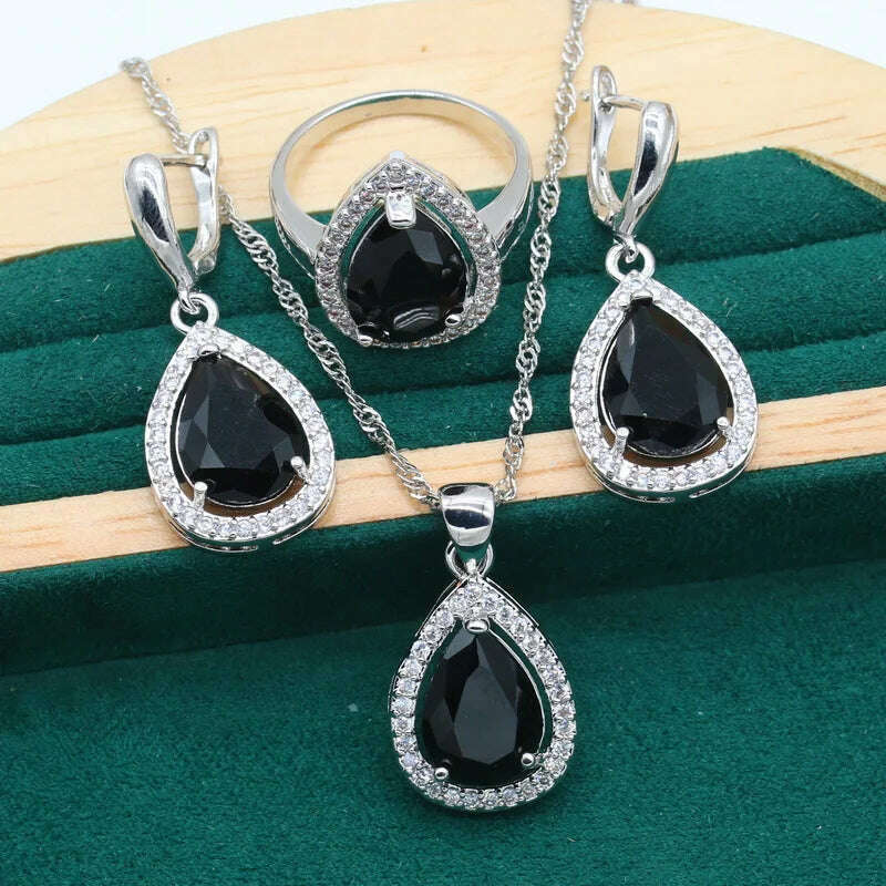 KIMLUD, Water Drop Rainbow Topaz 925 Silver Wedding Jewelry set for Women Party Bracelet Earrings Necklace pendant Ring, Black 3pcs / 8, KIMLUD APPAREL - Womens Clothes