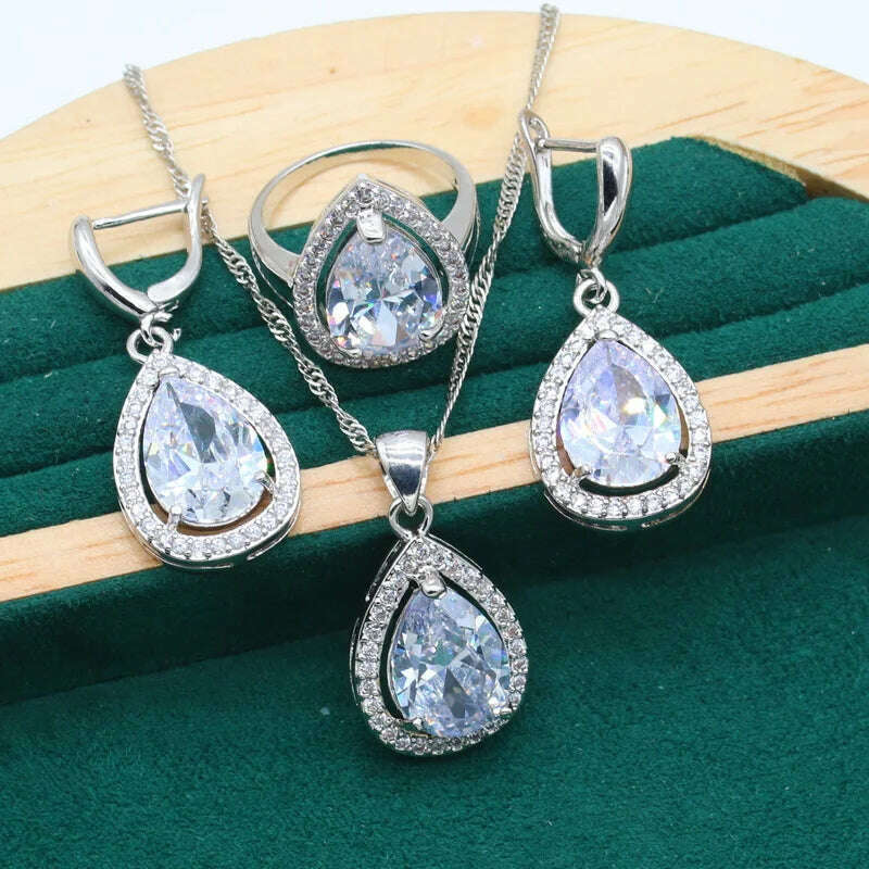 KIMLUD, Water Drop Rainbow Topaz 925 Silver Wedding Jewelry set for Women Party Bracelet Earrings Necklace pendant Ring, White 3pcs / 10, KIMLUD APPAREL - Womens Clothes