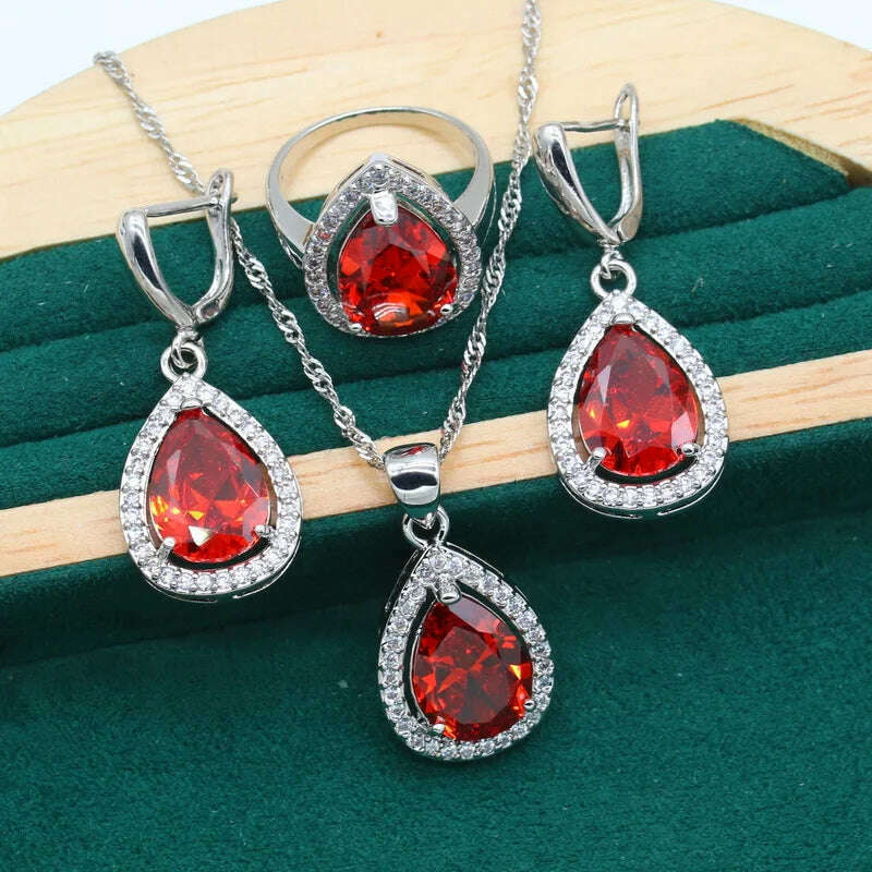KIMLUD, Water Drop Rainbow Topaz 925 Silver Wedding Jewelry set for Women Party Bracelet Earrings Necklace pendant Ring, Red 3pcs / 10, KIMLUD APPAREL - Womens Clothes