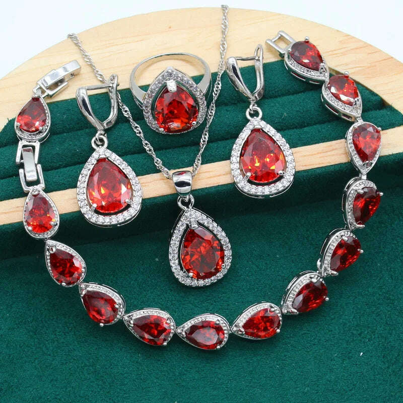 KIMLUD, Water Drop Rainbow Topaz 925 Silver Wedding Jewelry set for Women Party Bracelet Earrings Necklace pendant Ring, Red 4pcs / 10, KIMLUD APPAREL - Womens Clothes