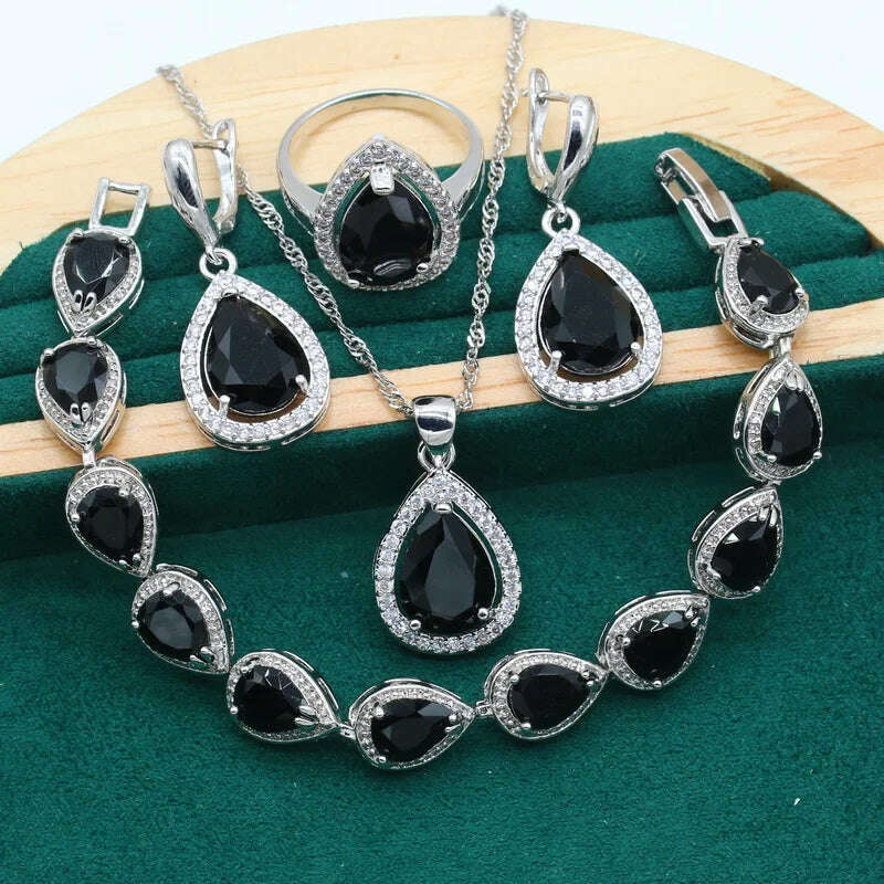 KIMLUD, Water Drop Rainbow Topaz 925 Silver Wedding Jewelry set for Women Party Bracelet Earrings Necklace pendant Ring, Black 4pcs / 10, KIMLUD APPAREL - Womens Clothes
