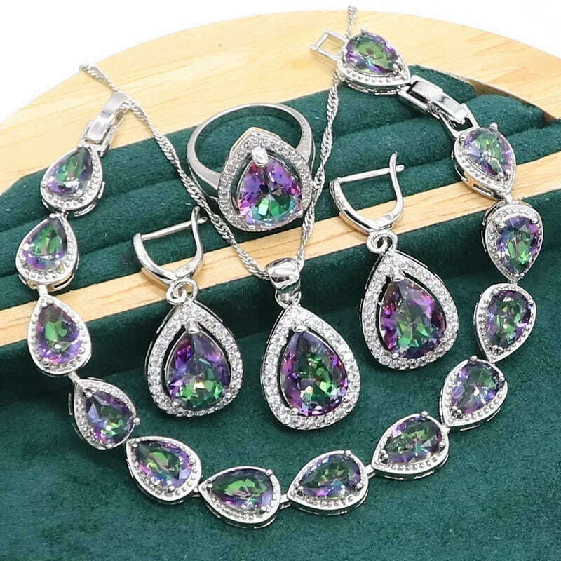 KIMLUD, Water Drop Rainbow Topaz 925 Silver Wedding Jewelry set for Women Party Bracelet Earrings Necklace pendant Ring, Whole Set / 6, KIMLUD APPAREL - Womens Clothes
