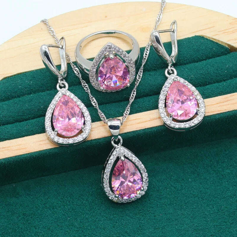 KIMLUD, Water Drop Rainbow Topaz 925 Silver Wedding Jewelry set for Women Party Bracelet Earrings Necklace pendant Ring, Pink 3pcs / 6, KIMLUD APPAREL - Womens Clothes
