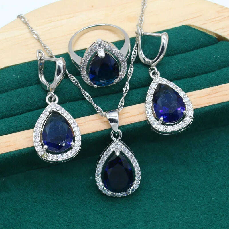 KIMLUD, Water Drop Rainbow Topaz 925 Silver Wedding Jewelry set for Women Party Bracelet Earrings Necklace pendant Ring, Blue 3pcs / 10, KIMLUD APPAREL - Womens Clothes
