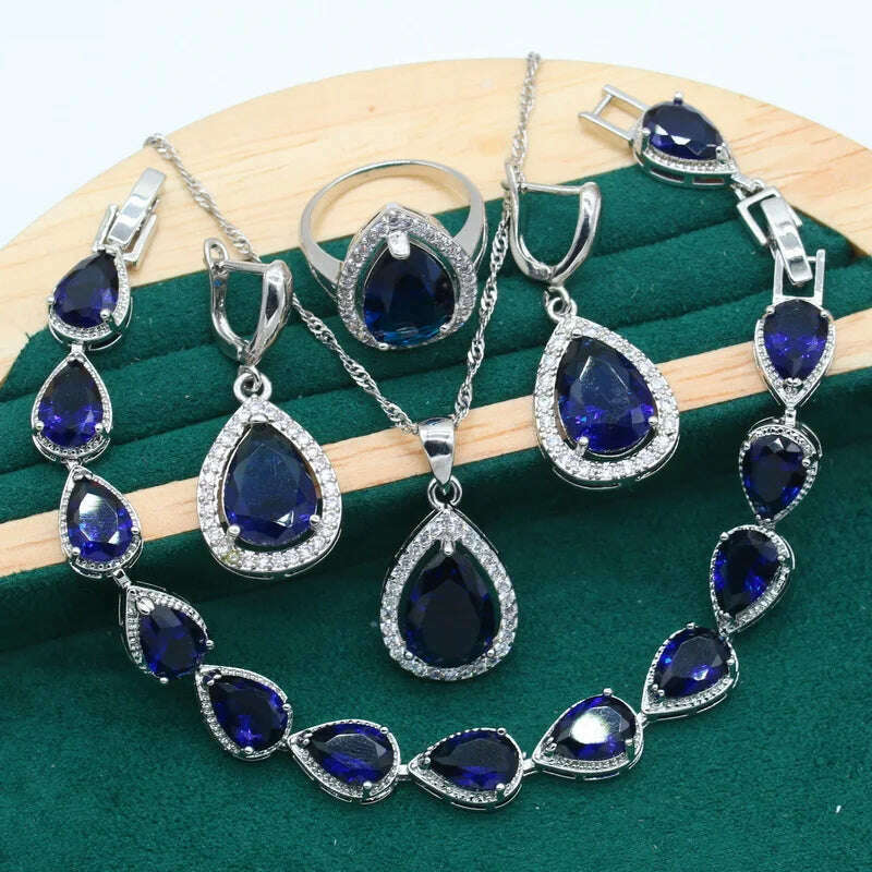 KIMLUD, Water Drop Rainbow Topaz 925 Silver Wedding Jewelry set for Women Party Bracelet Earrings Necklace pendant Ring, Blue 4pcs / 10, KIMLUD APPAREL - Womens Clothes