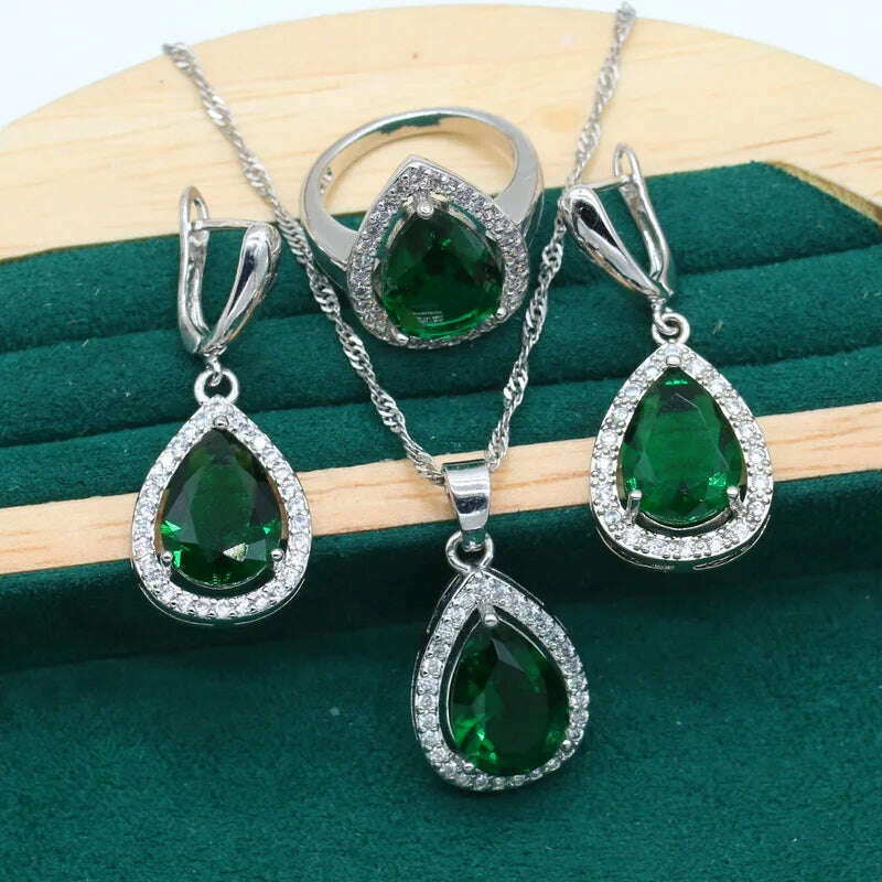 KIMLUD, Water Drop Rainbow Topaz 925 Silver Wedding Jewelry set for Women Party Bracelet Earrings Necklace pendant Ring, Green 3pcs / 10, KIMLUD APPAREL - Womens Clothes