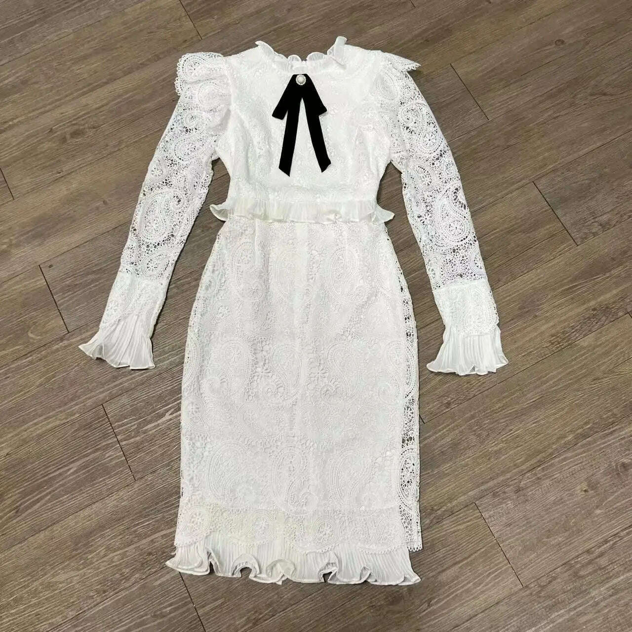 KIMLUD, Water-soluble similar hollowed out temperament figure collection waist dress mid-length one-step skirt female, WHITE / S, KIMLUD APPAREL - Womens Clothes