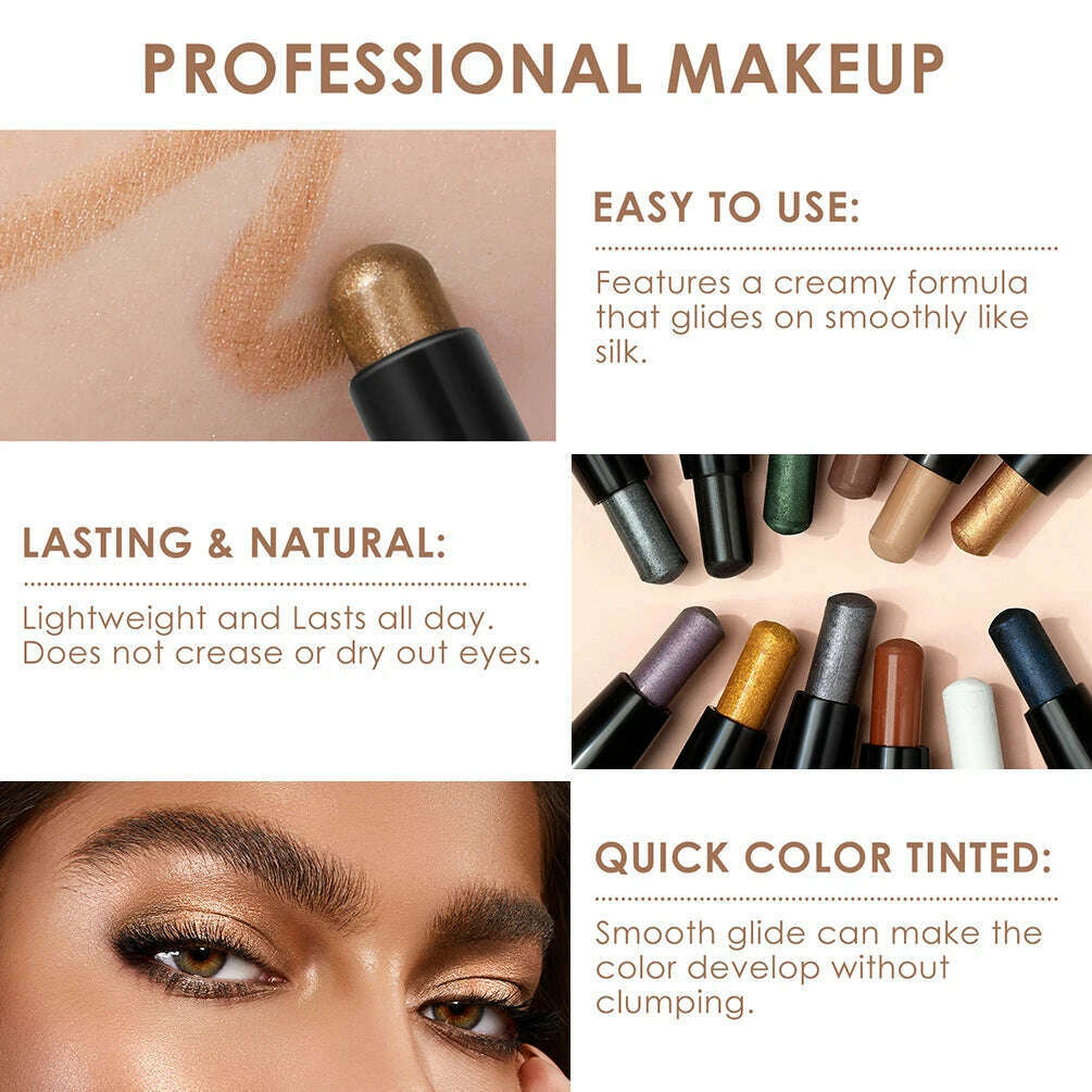 Waterproof Pearlescent Eyeshadow Pencil Stick 12 Colors Lasting Glitter Shimmer Eye Shadow Pen Eyeliner Stick Eyes Makeup Tools - KIMLUD