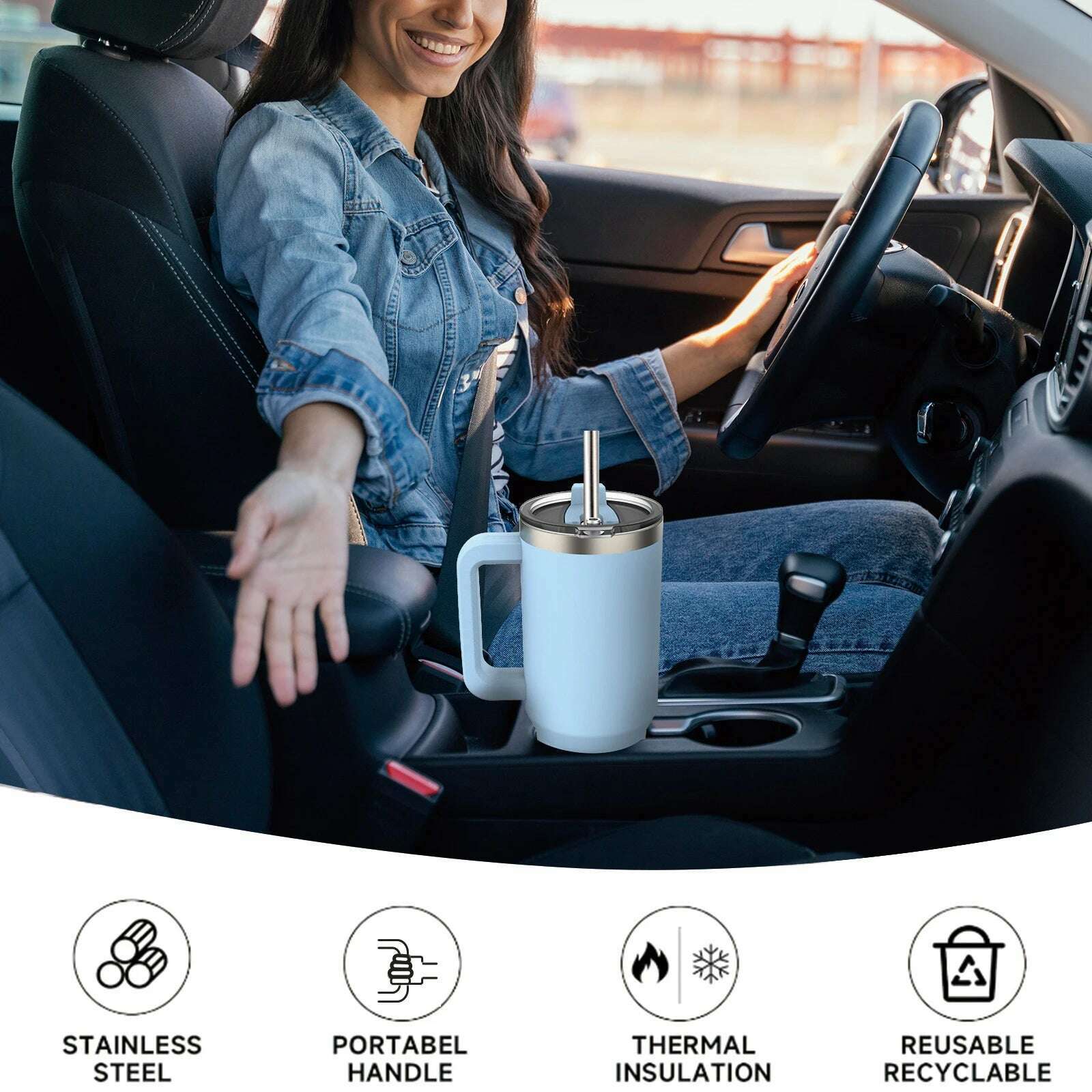 Watersy 40oz/1200ml Tumbler with Handle & Straw Lid Stainless Steel Insulated Cup Keep Cold Thermal Mug Portable Car Travel Cup - KIMLUD