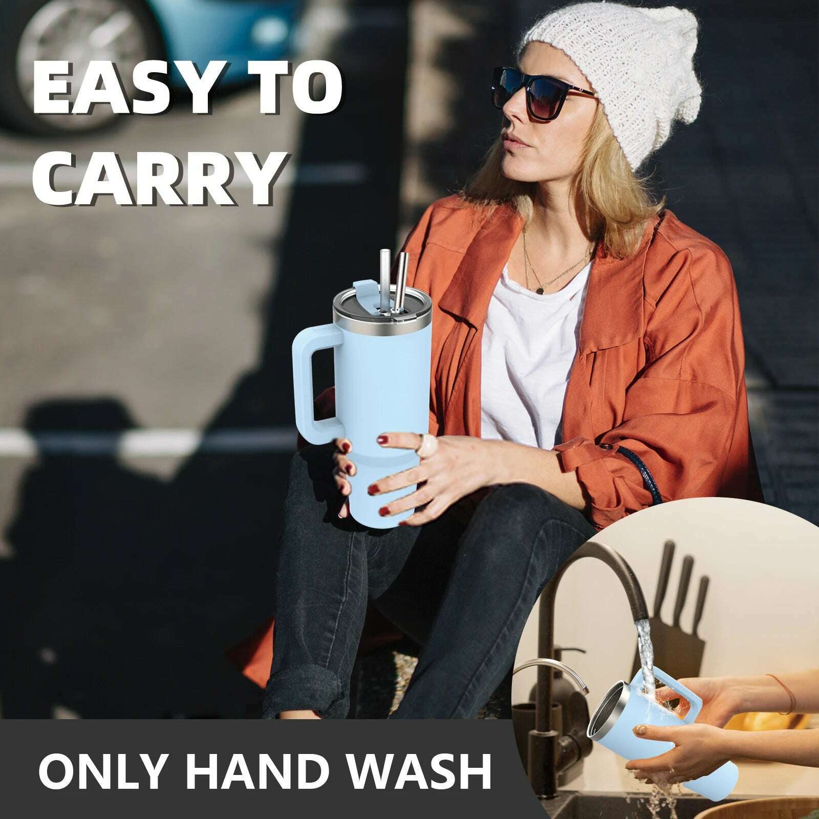 Watersy 40oz/1200ml Tumbler with Handle & Straw Lid Stainless Steel Insulated Cup Keep Cold Thermal Mug Portable Car Travel Cup - KIMLUD