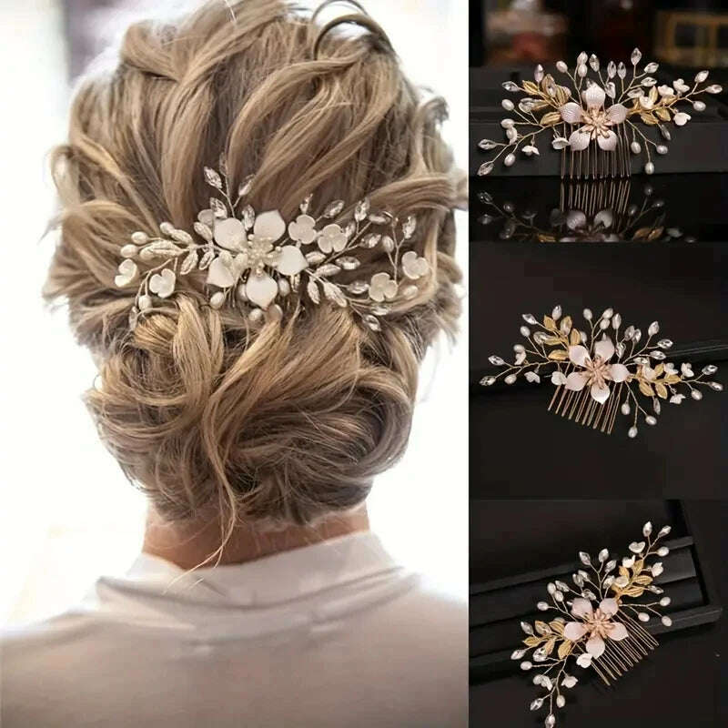 Wedding Bridal Wreath Comb Pearl Gold Long Hair Vine Hair Accessory Flower Rhinestone Handmade Tiara Headpiece - KIMLUD