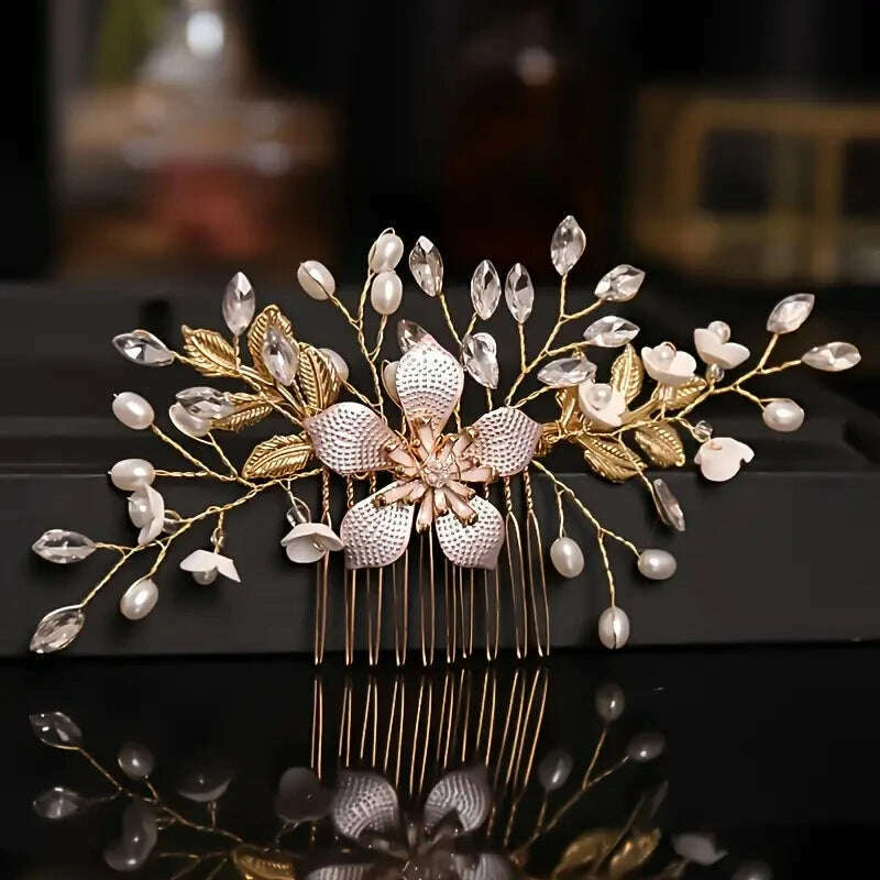 Wedding Bridal Wreath Comb Pearl Gold Long Hair Vine Hair Accessory Flower Rhinestone Handmade Tiara Headpiece - KIMLUD