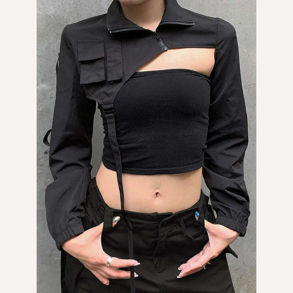 KIMLUD, Weekeep Punk Style Cargo Jacket Chic Pocket Stitched Full Sleeve Black Zip Up Turtleneck Coat y2k Streetwear Women Goth Outfits, KIMLUD Womens Clothes