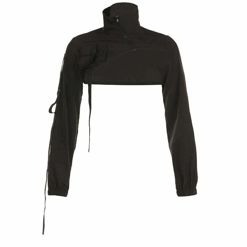 KIMLUD, Weekeep Punk Style Cargo Jacket Chic Pocket Stitched Full Sleeve Black Zip Up Turtleneck Coat y2k Streetwear Women Goth Outfits, black / S, KIMLUD APPAREL - Womens Clothes