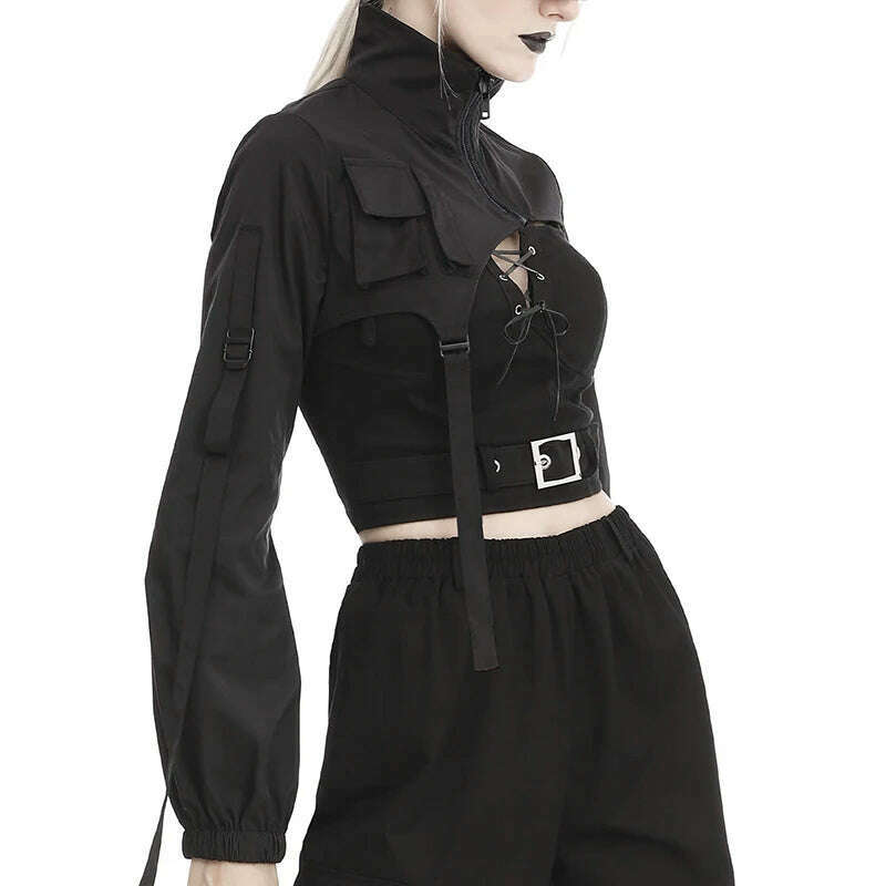 KIMLUD, Weekeep Punk Style Cargo Jacket Chic Pocket Stitched Full Sleeve Black Zip Up Turtleneck Coat y2k Streetwear Women Goth Outfits, KIMLUD Womens Clothes