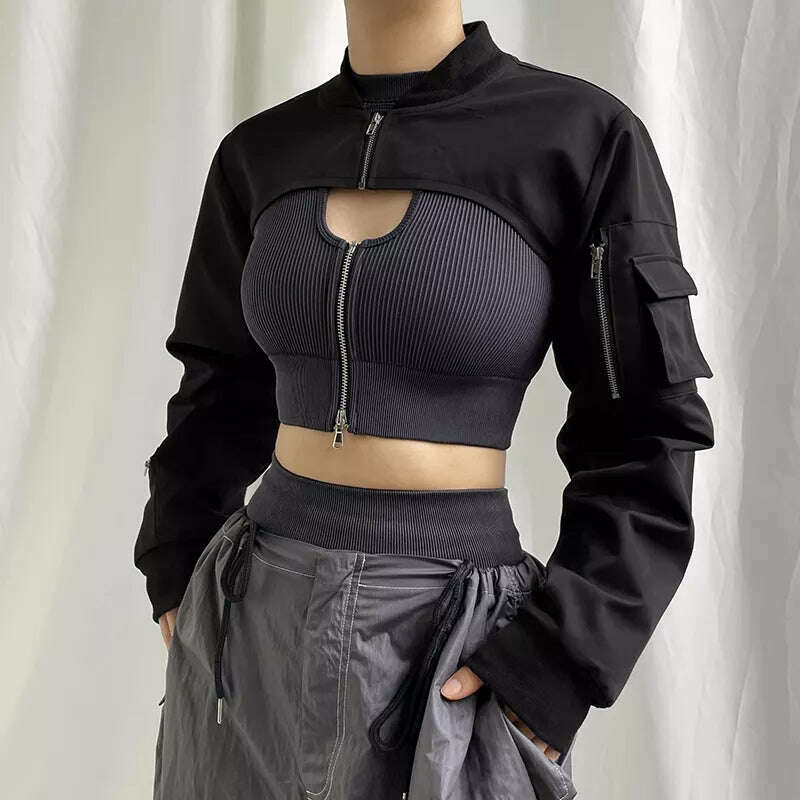 KIMLUD, Weekeep Punk Style Super Cropped Jacket Zip Up Pocket Patchwork Cargo Jackets Women Outfits Streetwear Black Coat Korean Fashion, KIMLUD Womens Clothes