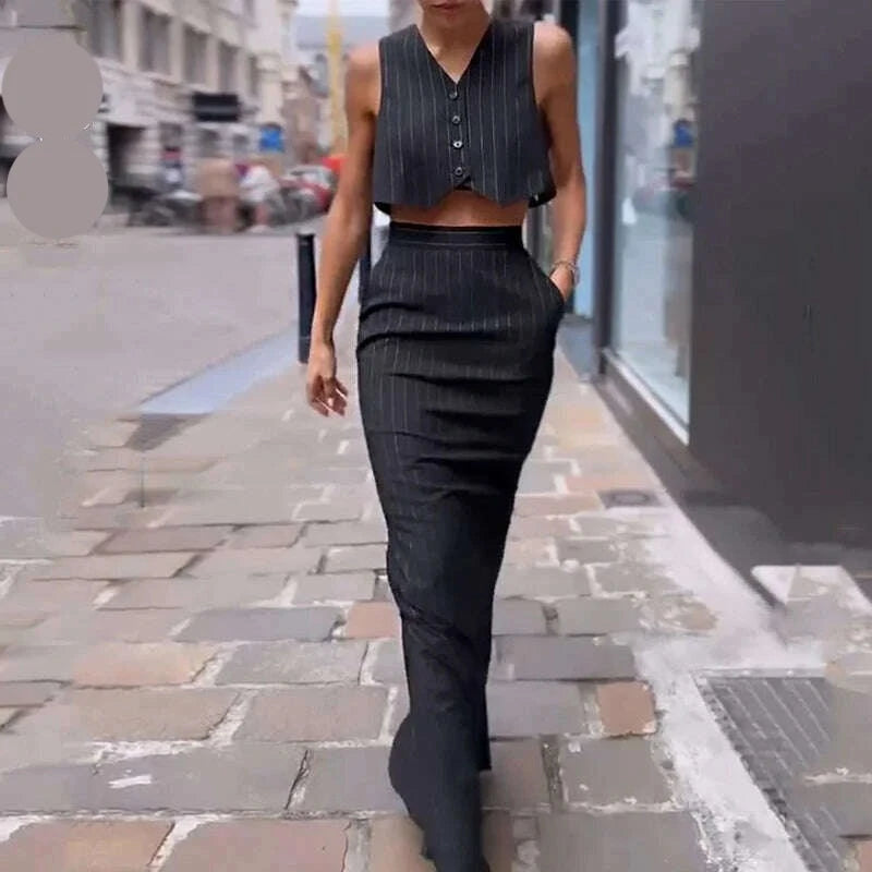 KIMLUD, Wefads Two Piece Set Women Office Elegant Simple Striped Printed Sleeveless Single Breasted Button VestTop A Line Skirt Sets, black / XS, KIMLUD APPAREL - Womens Clothes