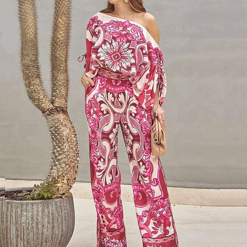 KIMLUD, Wefads Women Two Piece Set Casual Fashion Printed One Shoulder Drawstring Shirring Ioose Top With Pocket Wide Leg Pants Set, pink / XL, KIMLUD APPAREL - Womens Clothes