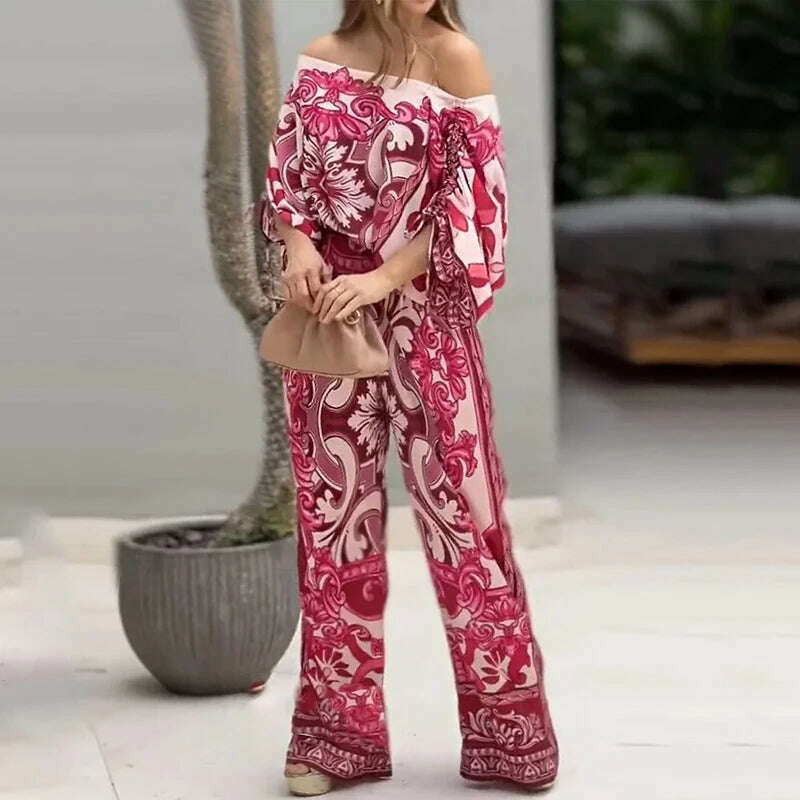 KIMLUD, Wefads Women Two Piece Set Casual Fashion Printed One Shoulder Drawstring Shirring Ioose Top With Pocket Wide Leg Pants Set, KIMLUD Womens Clothes