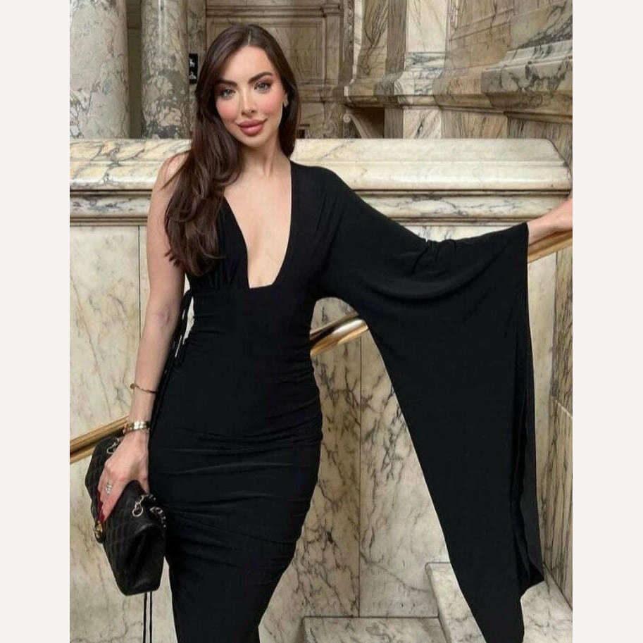 Weird Puss Backless Bandage Women Hip Dress v Neck One Shoulder Ruffles Bodycon 2023 Ladies Fashion Party Stage Performance Wear - KIMLUD