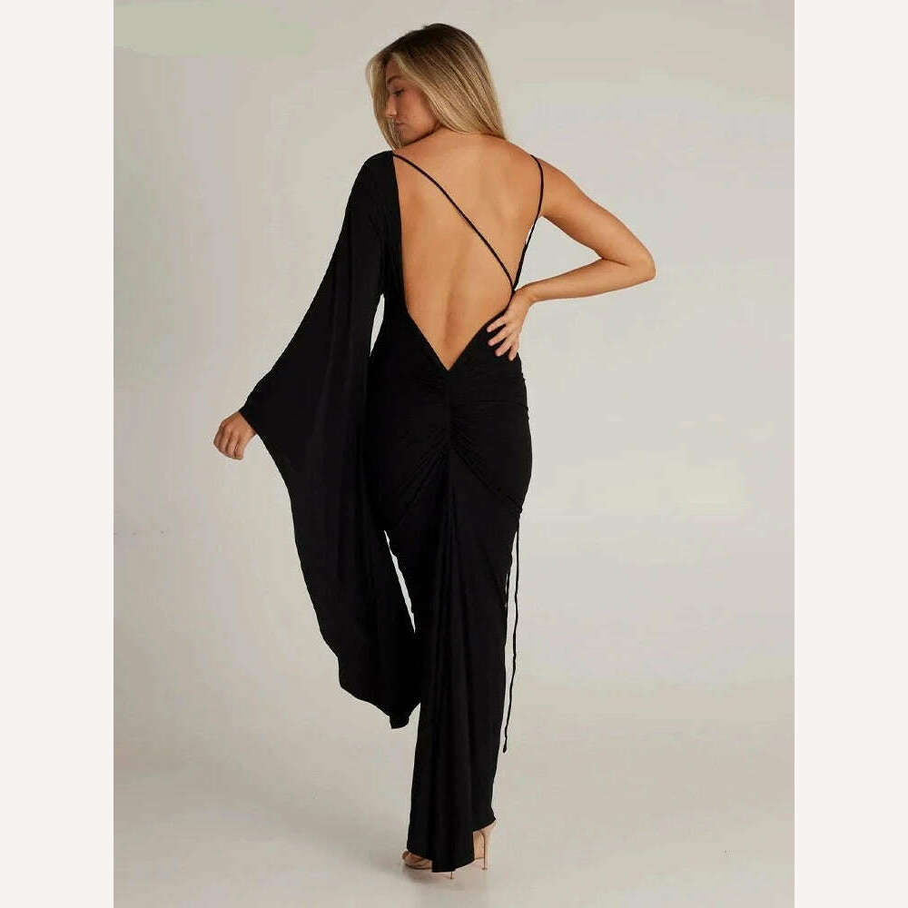 Weird Puss Backless Bandage Women Hip Dress v Neck One Shoulder Ruffles Bodycon 2023 Ladies Fashion Party Stage Performance Wear - KIMLUD