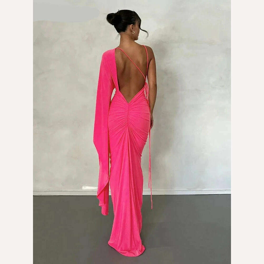 Weird Puss Backless Bandage Women Hip Dress v Neck One Shoulder Ruffles Bodycon 2023 Ladies Fashion Party Stage Performance Wear - KIMLUD