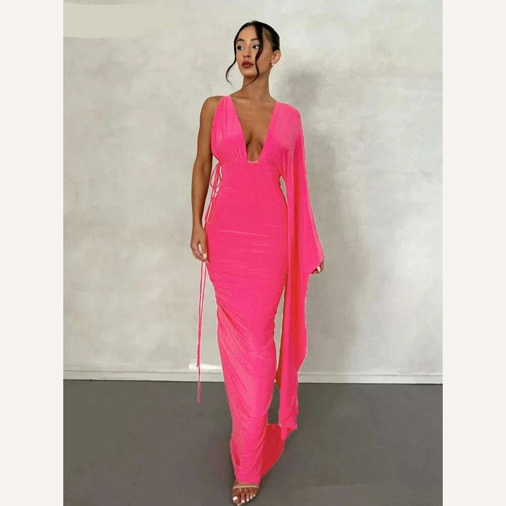 Weird Puss Backless Bandage Women Hip Dress v Neck One Shoulder Ruffles Bodycon 2023 Ladies Fashion Party Stage Performance Wear - KIMLUD