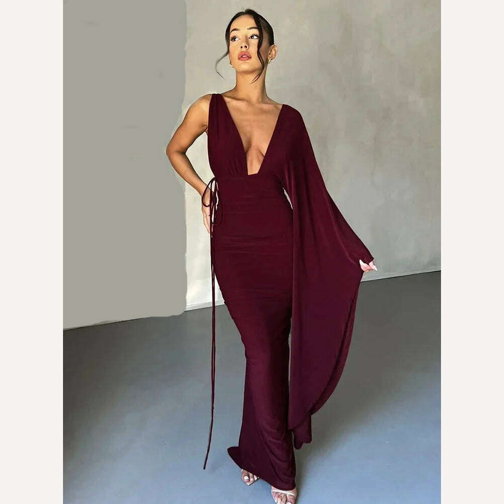 Weird Puss Backless Bandage Women Hip Dress v Neck One Shoulder Ruffles Bodycon 2023 Ladies Fashion Party Stage Performance Wear - KIMLUD