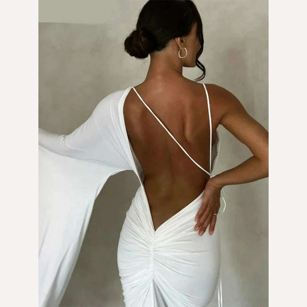 Weird Puss Backless Bandage Women Hip Dress v Neck One Shoulder Ruffles Bodycon 2023 Ladies Fashion Party Stage Performance Wear - KIMLUD