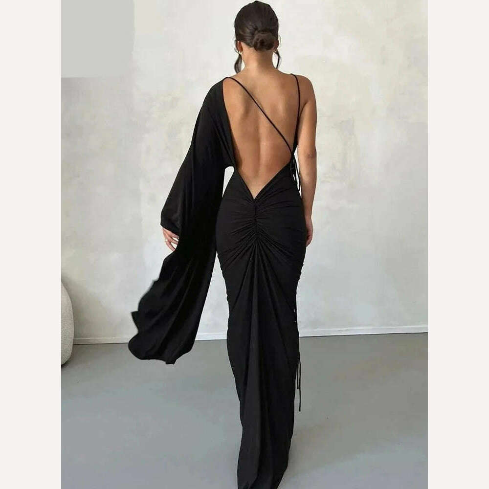 Weird Puss Backless Bandage Women Hip Dress v Neck One Shoulder Ruffles Bodycon 2023 Ladies Fashion Party Stage Performance Wear - KIMLUD