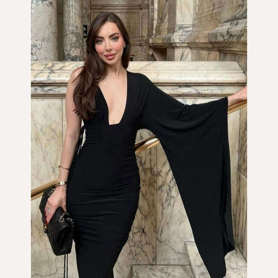 Weird Puss Backless Bandage Women Hip Dress v Neck One Shoulder Ruffles Bodycon 2023 Ladies Fashion Party Stage Performance Wear - KIMLUD