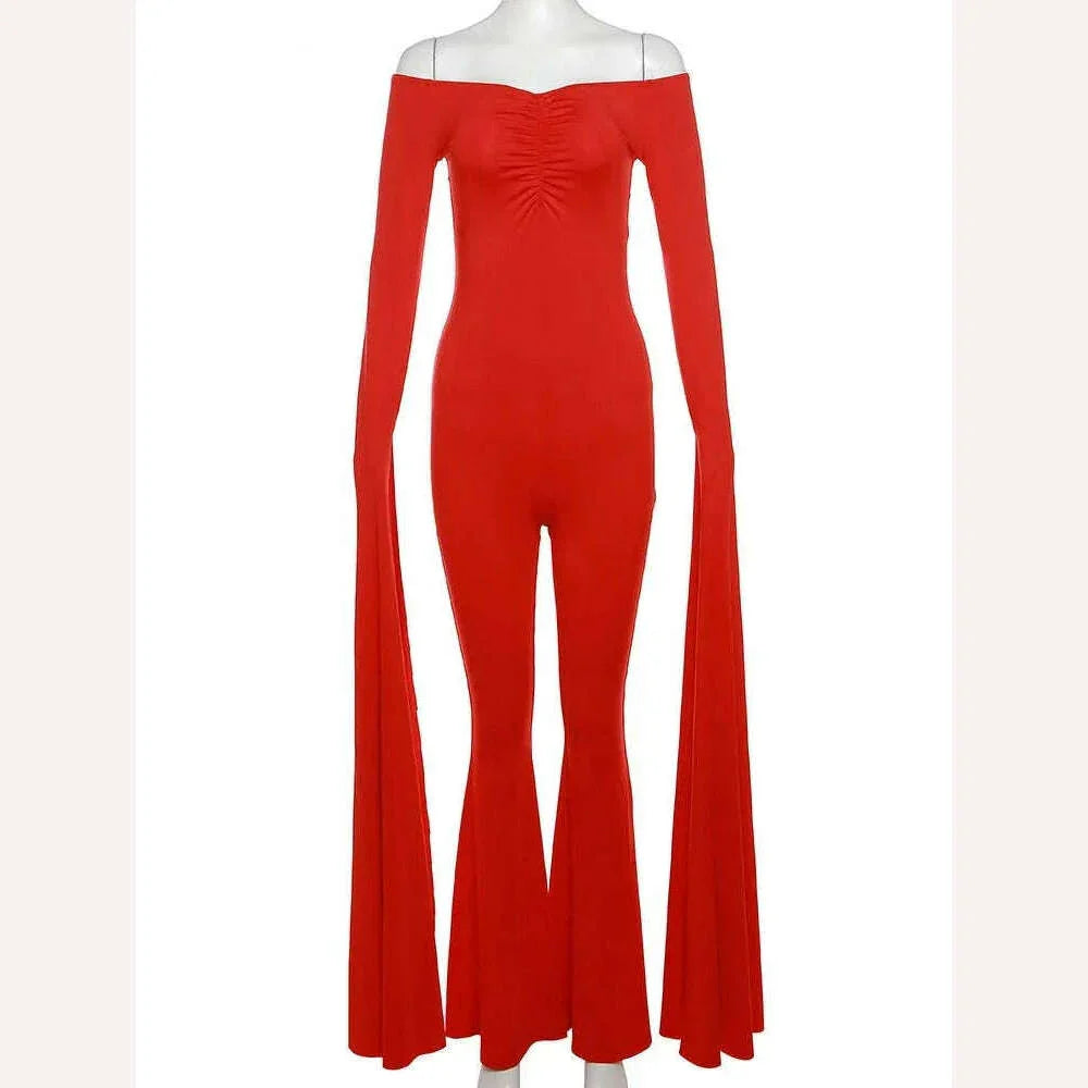 KIMLUD, Elegant Women Jumpsuit - Slash Neck Ruched Long Sleeve Solid Hipster Chic Workout Overalls, KIMLUD Womens Clothes