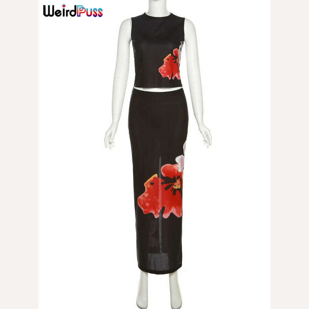 KIMLUD, Weird Puss Flowers Women 2 Piece Set Summer Sexy Elegant Tank Tops+High Waist Skirts Skinny Matching Streetwear Stretch Outfits, KIMLUD Womens Clothes