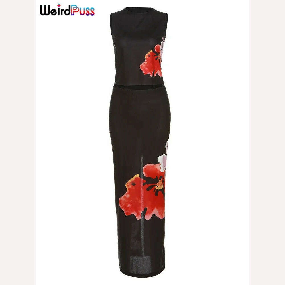 KIMLUD, Weird Puss Flowers Women 2 Piece Set Summer Sexy Elegant Tank Tops+High Waist Skirts Skinny Matching Streetwear Stretch Outfits, KIMLUD Womens Clothes