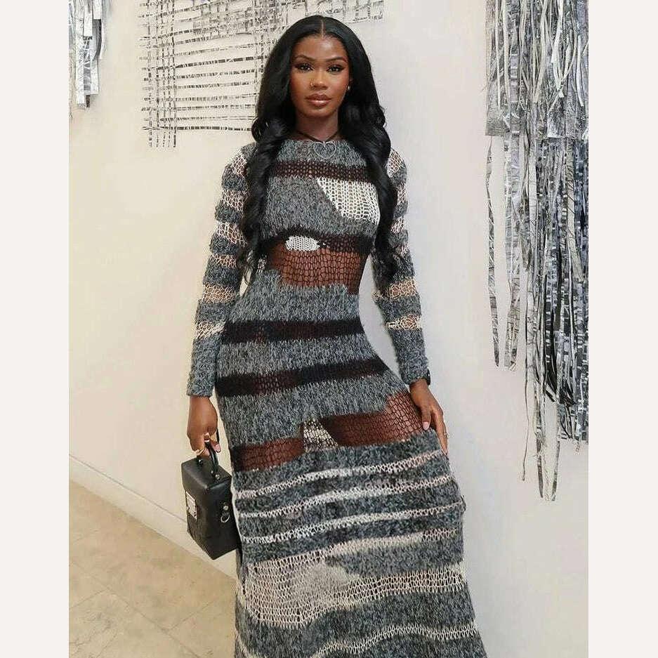 KIMLUD, Knit See Through Dress Women Stripe Patchwork Long Sleeve O-Neck Maxi Bodycon Stretch Skinny Midnight Vestidos, KIMLUD Womens Clothes