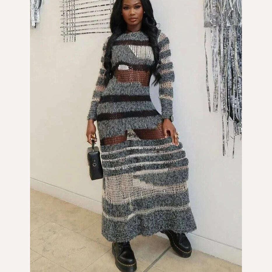 KIMLUD, Knit See Through Dress Women Stripe Patchwork Long Sleeve O-Neck Maxi Bodycon Stretch Skinny Midnight Vestidos, KIMLUD Womens Clothes