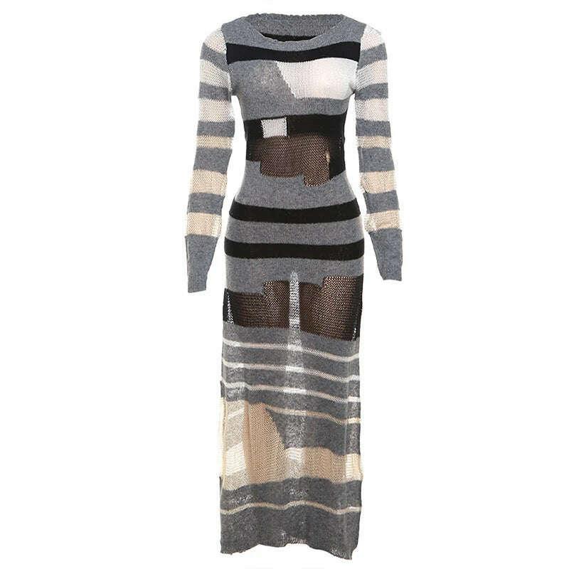 KIMLUD, Knit See Through Dress Women Stripe Patchwork Long Sleeve O-Neck Maxi Bodycon Stretch Skinny Midnight Vestidos, KIMLUD Womens Clothes