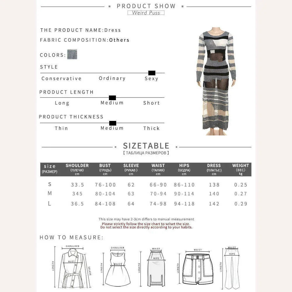 KIMLUD, Knit See Through Dress Women Stripe Patchwork Long Sleeve O-Neck Maxi Bodycon Stretch Skinny Midnight Vestidos, KIMLUD Womens Clothes
