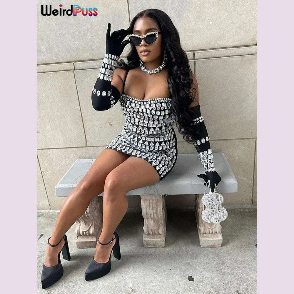 KIMLUD, Weird Puss Sling Straps Women Dress Contrast Color Print Sleeveless Slim Fit Mini Bodycon Sexy Midnight Clubwear Streetwear Robe, KIMLUD Womens Clothes