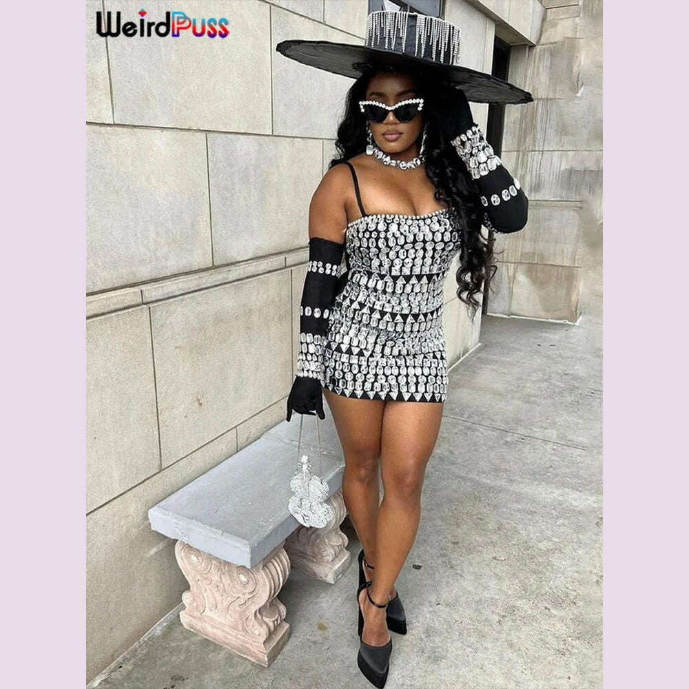 KIMLUD, Weird Puss Sling Straps Women Dress Contrast Color Print Sleeveless Slim Fit Mini Bodycon Sexy Midnight Clubwear Streetwear Robe, KIMLUD Womens Clothes