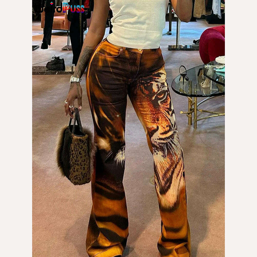 KIMLUD, Weird Puss Tiger Print Flare Pants Women 2023 Y2K Summer Trend Skinny Elastic Wild Casual Streetwear Basic High Waist Trousers, KIMLUD Womens Clothes