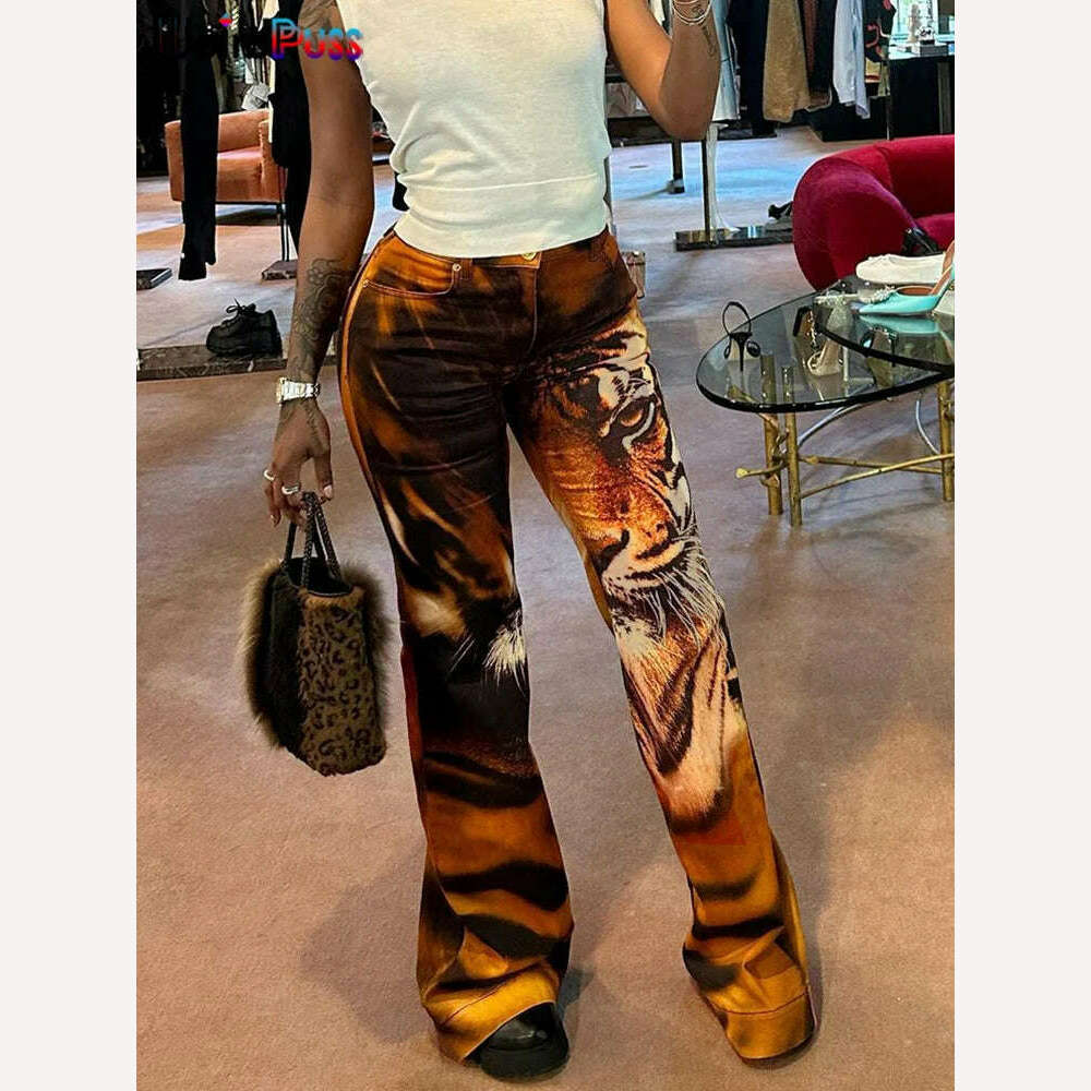 KIMLUD, Weird Puss Tiger Print Flare Pants Women 2023 Y2K Summer Trend Skinny Elastic Wild Casual Streetwear Basic High Waist Trousers, KIMLUD Womens Clothes
