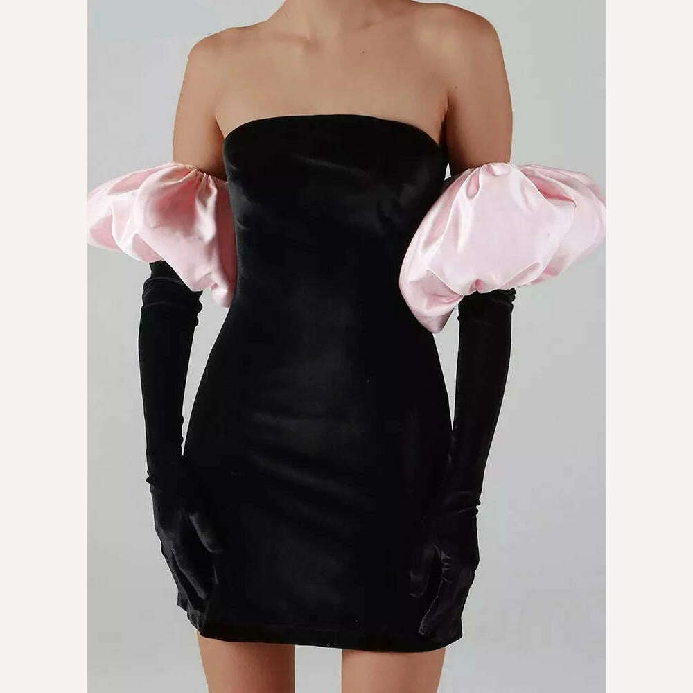 KIMLUD, Weird Puss Women Strapless Velvet Dress Elastic Bodycon With Clouds Gloves Birthday Vacation Party French Romantics Streetwear, Pink / S, KIMLUD APPAREL - Womens Clothes