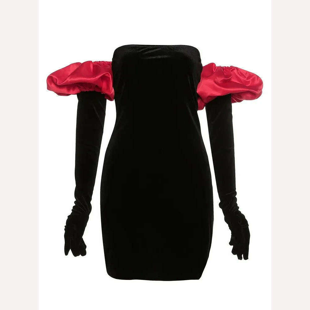 KIMLUD, Weird Puss Women Strapless Velvet Dress Elastic Bodycon With Clouds Gloves Birthday Vacation Party French Romantics Streetwear, KIMLUD Womens Clothes