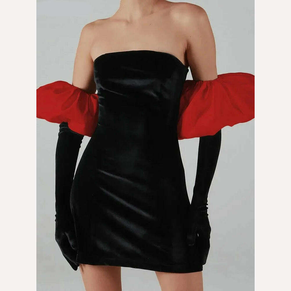 KIMLUD, Weird Puss Women Strapless Velvet Dress Elastic Bodycon With Clouds Gloves Birthday Vacation Party French Romantics Streetwear, KIMLUD Womens Clothes
