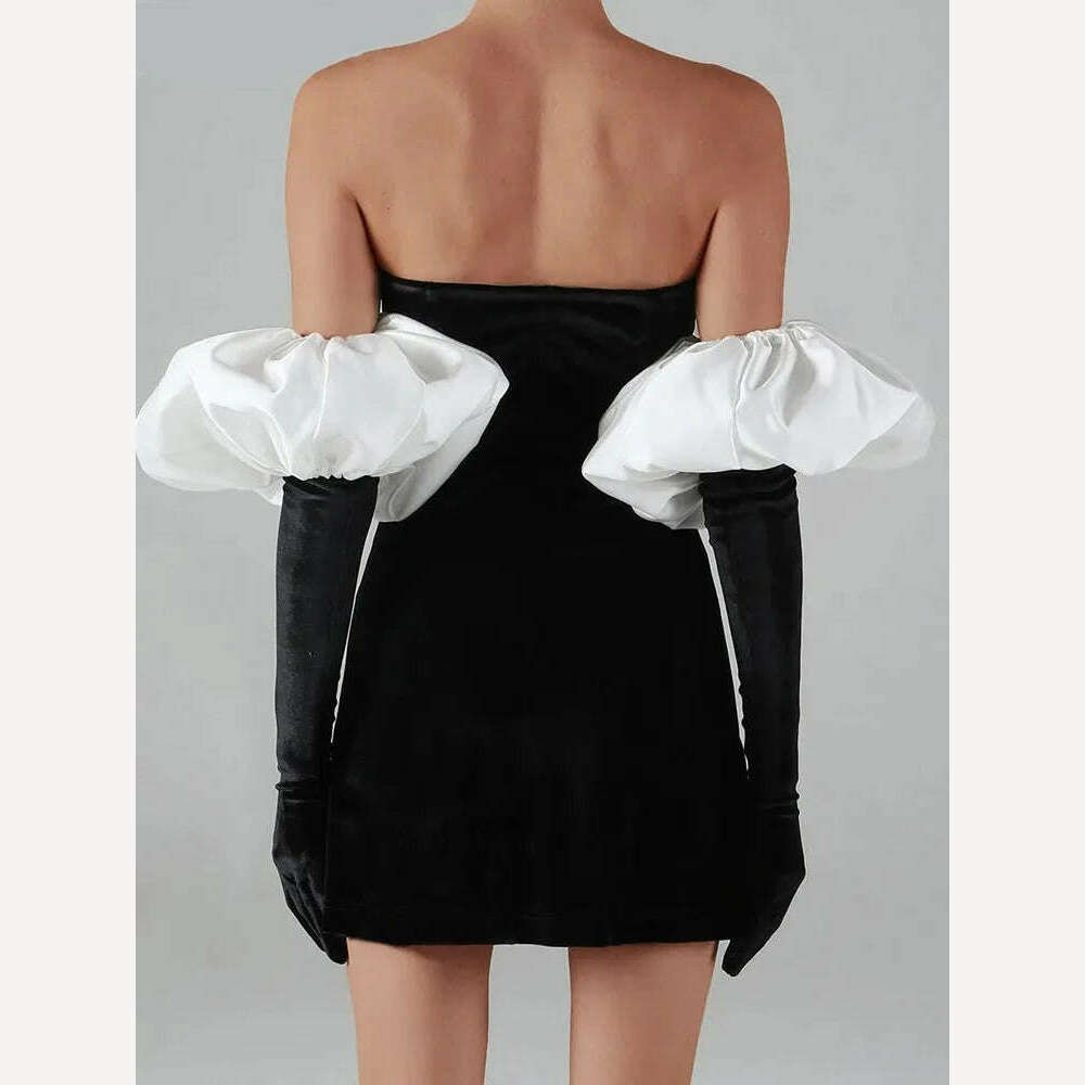 KIMLUD, Weird Puss Women Strapless Velvet Dress Elastic Bodycon With Clouds Gloves Birthday Vacation Party French Romantics Streetwear, KIMLUD Womens Clothes