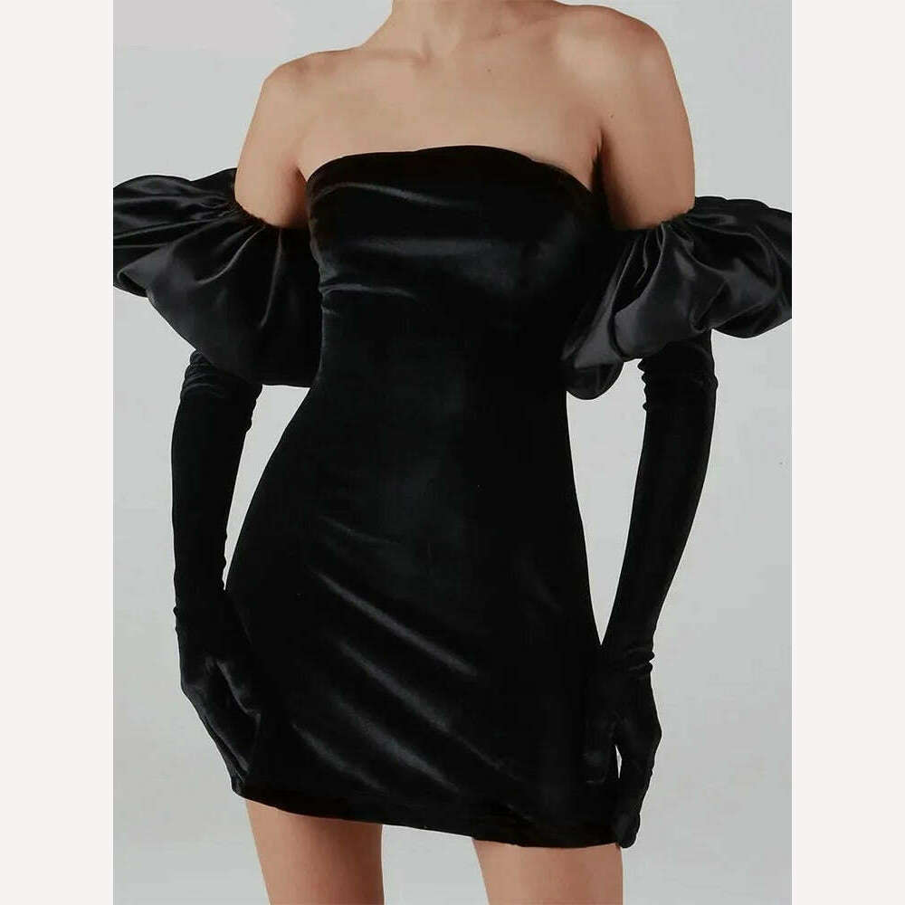 KIMLUD, Weird Puss Women Strapless Velvet Dress Elastic Bodycon With Clouds Gloves Birthday Vacation Party French Romantics Streetwear, Black / S, KIMLUD APPAREL - Womens Clothes