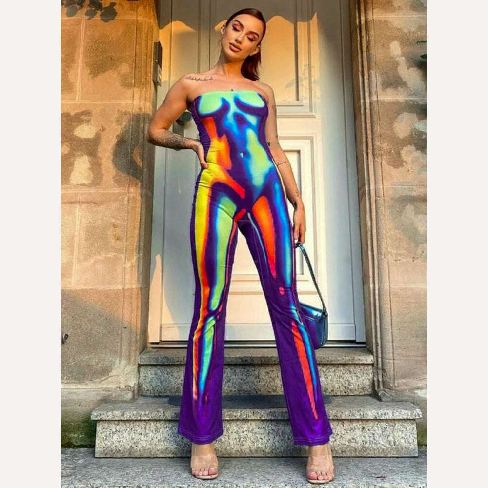 KIMLUD, WeiYao Thermal Imaging 3D Printed Fashion Jumpsuit Women Sleeveless Strapless Multi-color Slim Fit Jumpsuit Cusual Streetwear, KIMLUD Womens Clothes